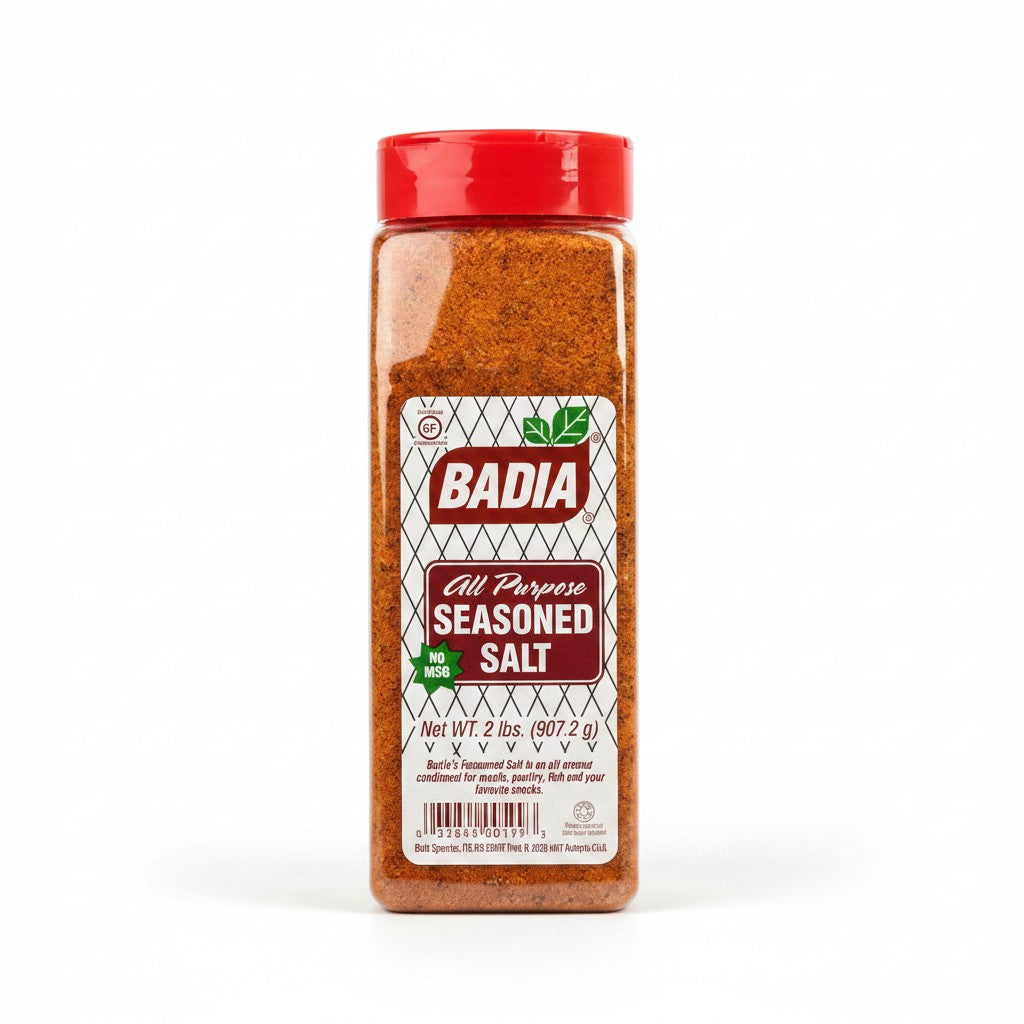Bodega Badia All Purpose Seasoned Salt, 2 lb shaker with red cap. Blend of salt, garlic, onion, paprika, turmeric, and pepper.