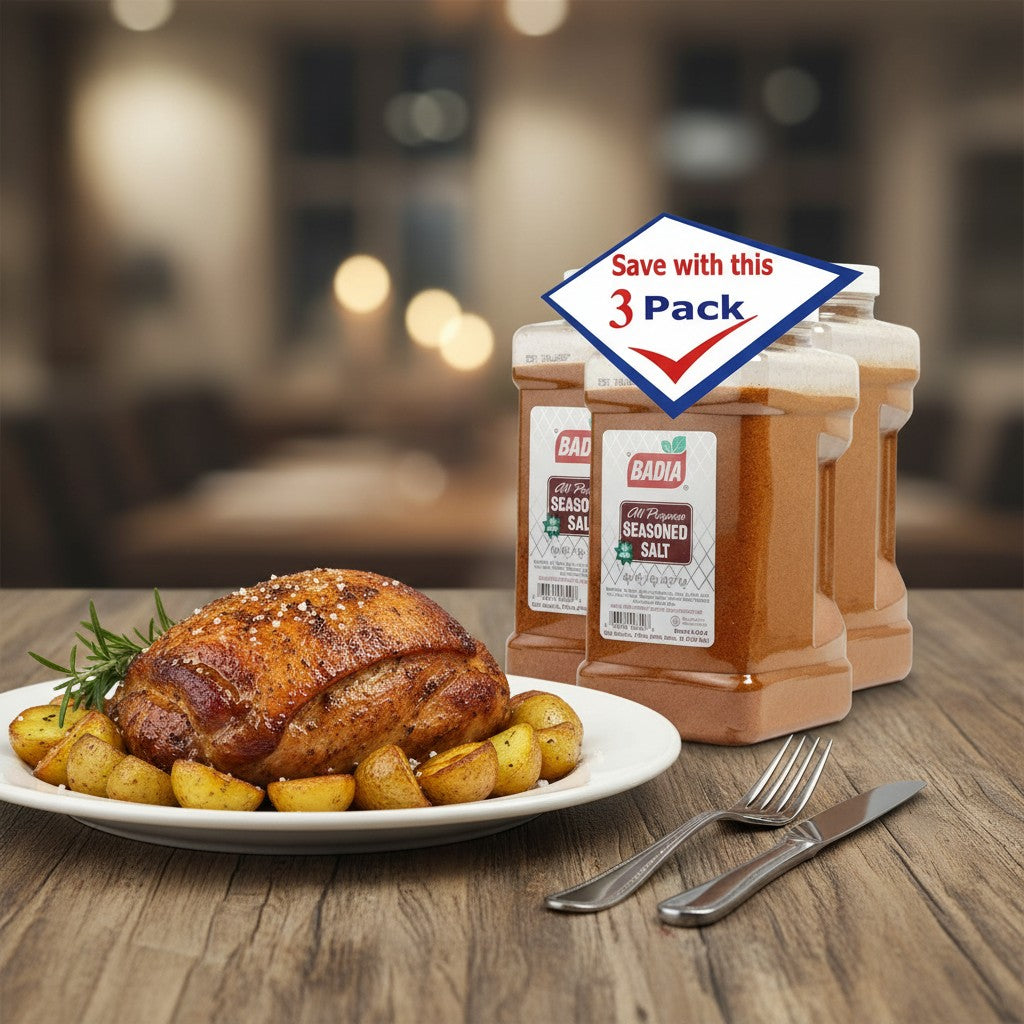 Bodega Badia All Purpose Seasoned Salt, 7 lb jugs, 3 pack. Blend of salt, garlic, onion, paprika, celery, and black pepper.
