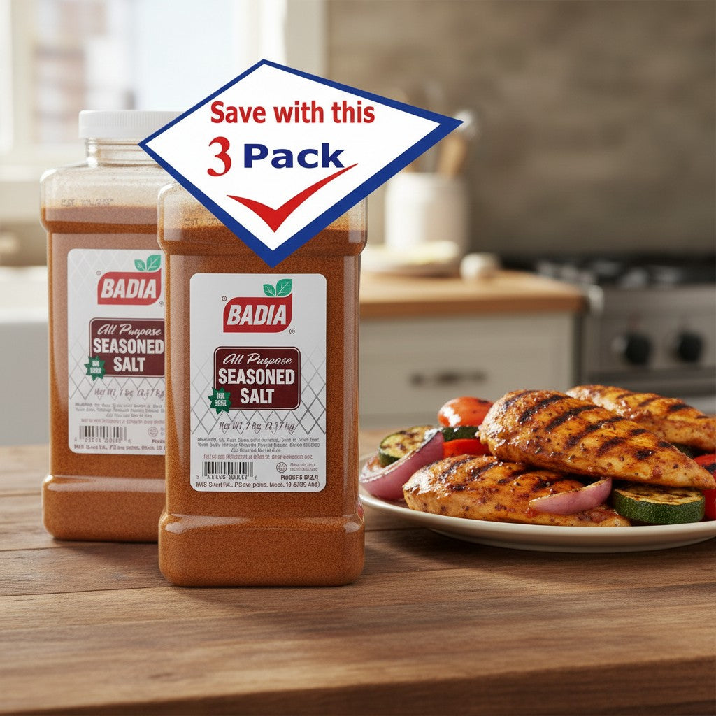 Bodega Badia All Purpose Seasoned Salt 7 lb jugs, 3 pack. Blend of salt, garlic, onion, paprika, celery, and black pepper.