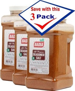 Bodega Badia All Purpose Seasoned Salt 3-pack jugs. A blend of salt, garlic, onion, paprika, celery, and black pepper.