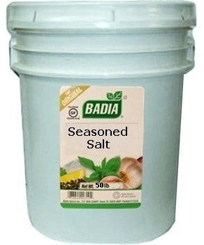 Bodega Badia Seasoned Salt, 50 lb bucket. All-purpose seasoning blend with salt, garlic, onion, paprika, celery, and black pepper.
