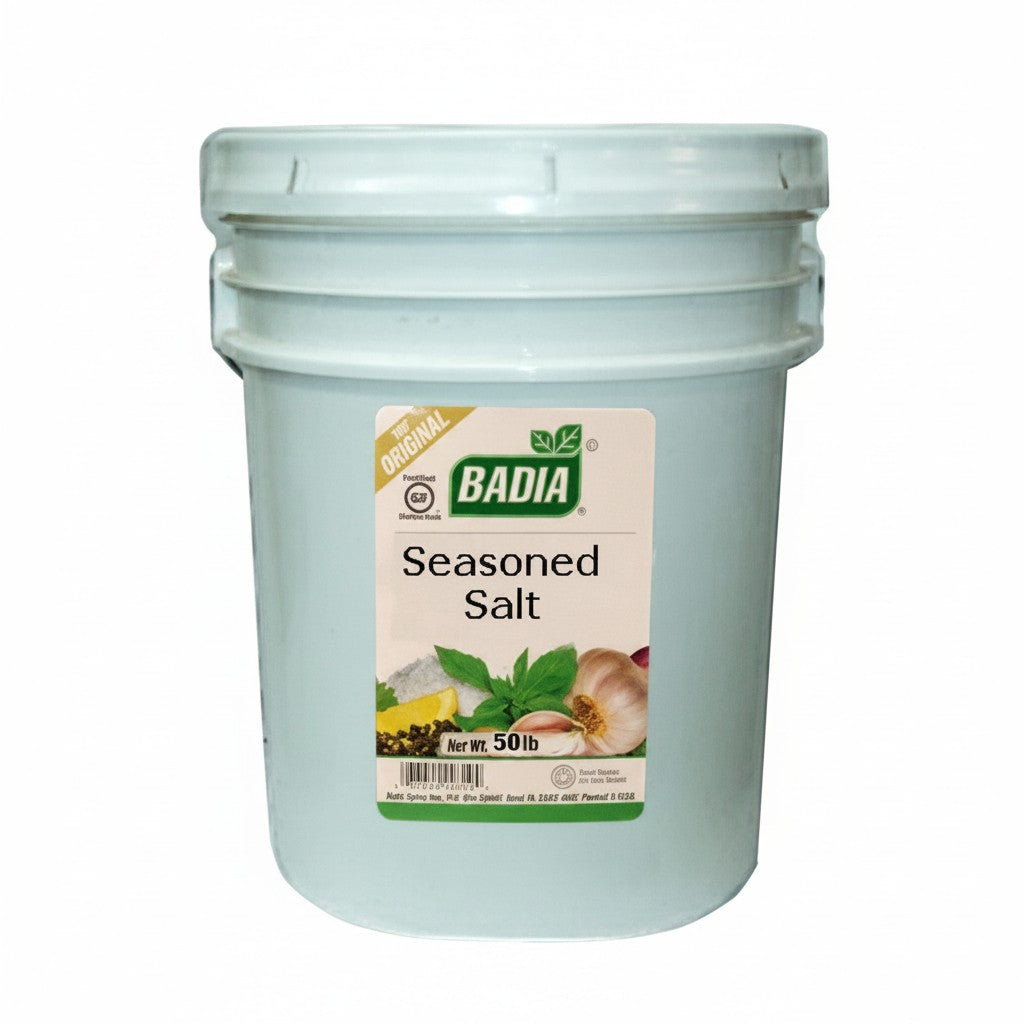 Bodega Badia Seasoned Salt, 50 lb bucket. All-purpose seasoning blend with salt, garlic, onion, paprika, celery, and black pepper.