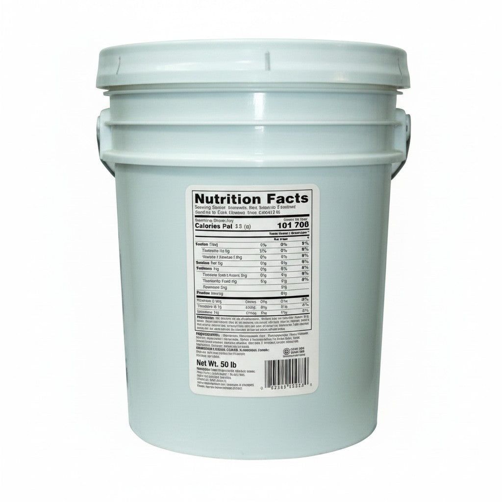 Bodega Badia Seasoned Salt, 50 lb bulk container with ingredients like salt, lemon, basil, garlic, and peppercorns.