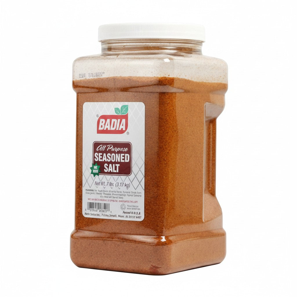 Bodega Badia All Purpose Seasoned Salt 7 lb jug with shaker grind. Ingredients include salt, garlic, onion, paprika, celery, and black pepper.