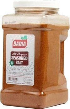 Bodega Badia All Purpose Seasoned Salt 7 lb jug with shaker grind of salt, garlic, onion, paprika, celery, and black pepper.