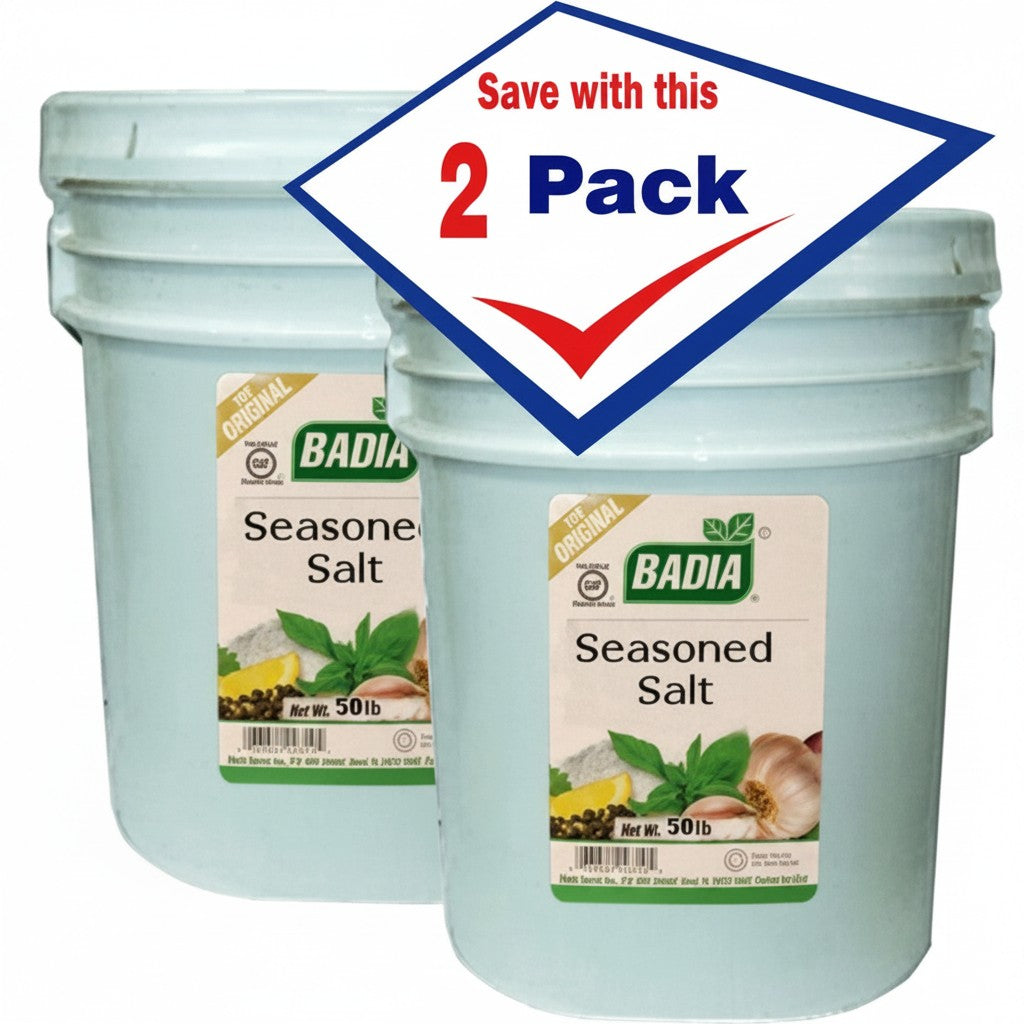 Bodega Badia Seasoned Salt, 2 x 50 lb buckets. Bulk seasoning for kitchens, fries, chicken, and more.