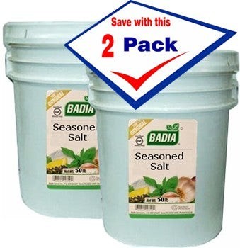 Bodega Badia Seasoned Salt, 2 x 50 lb buckets. Bulk seasoning for kitchens, fries, chicken, and more.