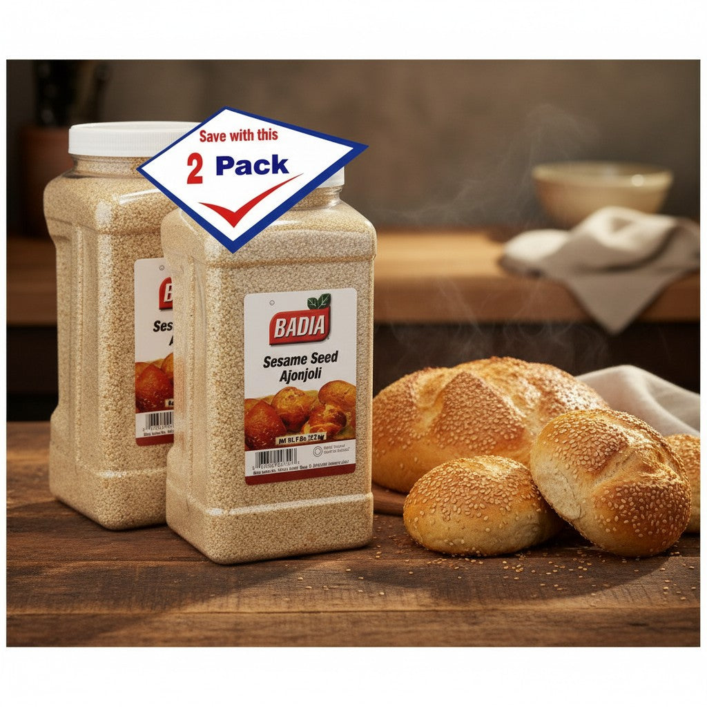 Bodega Badia hulled sesame seeds in clear plastic containers, 2-pack, 5 lb each. Ideal for baking, Middle Eastern, and Asian cuisine.