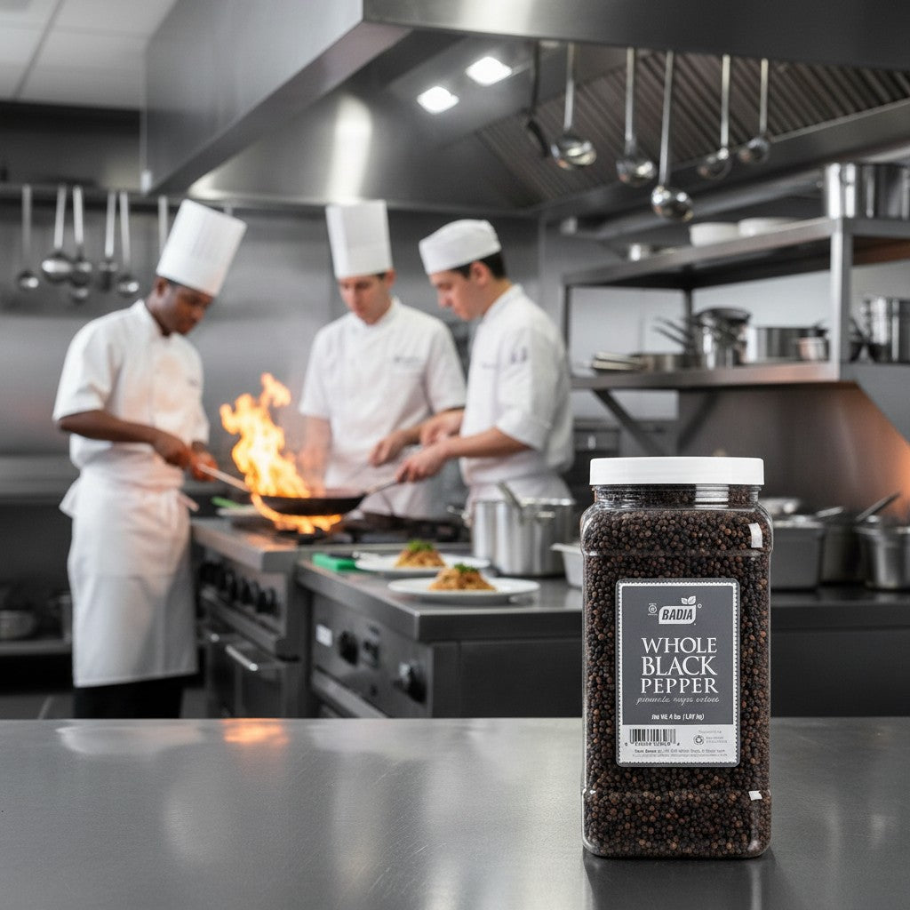 Bodega Badia Whole Black Pepper, 4 lb container of whole peppercorns.