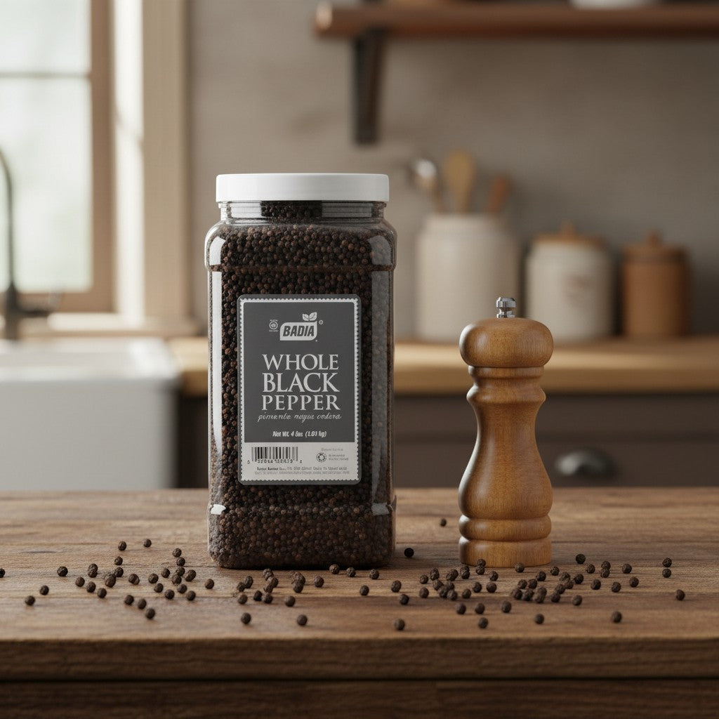 Bodega Badia Whole Black Pepper, 4 lb container with scattered peppercorns and a wooden pepper mill on a wooden table.