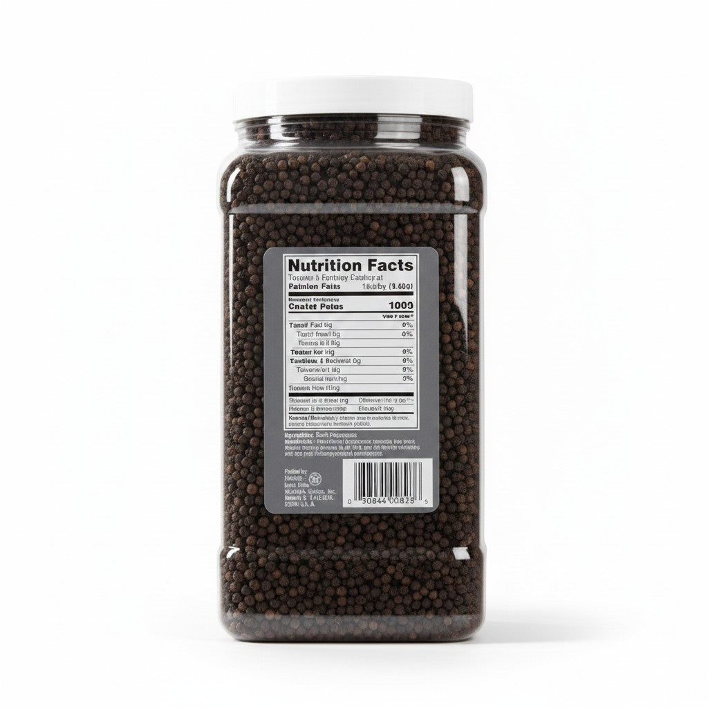 Bodega Badia whole black peppercorns in a 4 lb clear plastic container with nutrition facts label.