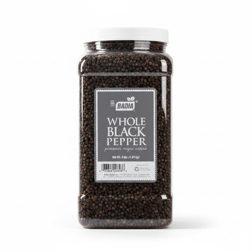 Bodega Badia whole black peppercorns in a 4 lb clear plastic container with a white lid. The label is gray and black.