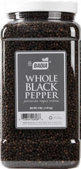 Bodega Badia whole black peppercorns in a 4 lb clear plastic container with a white lid.