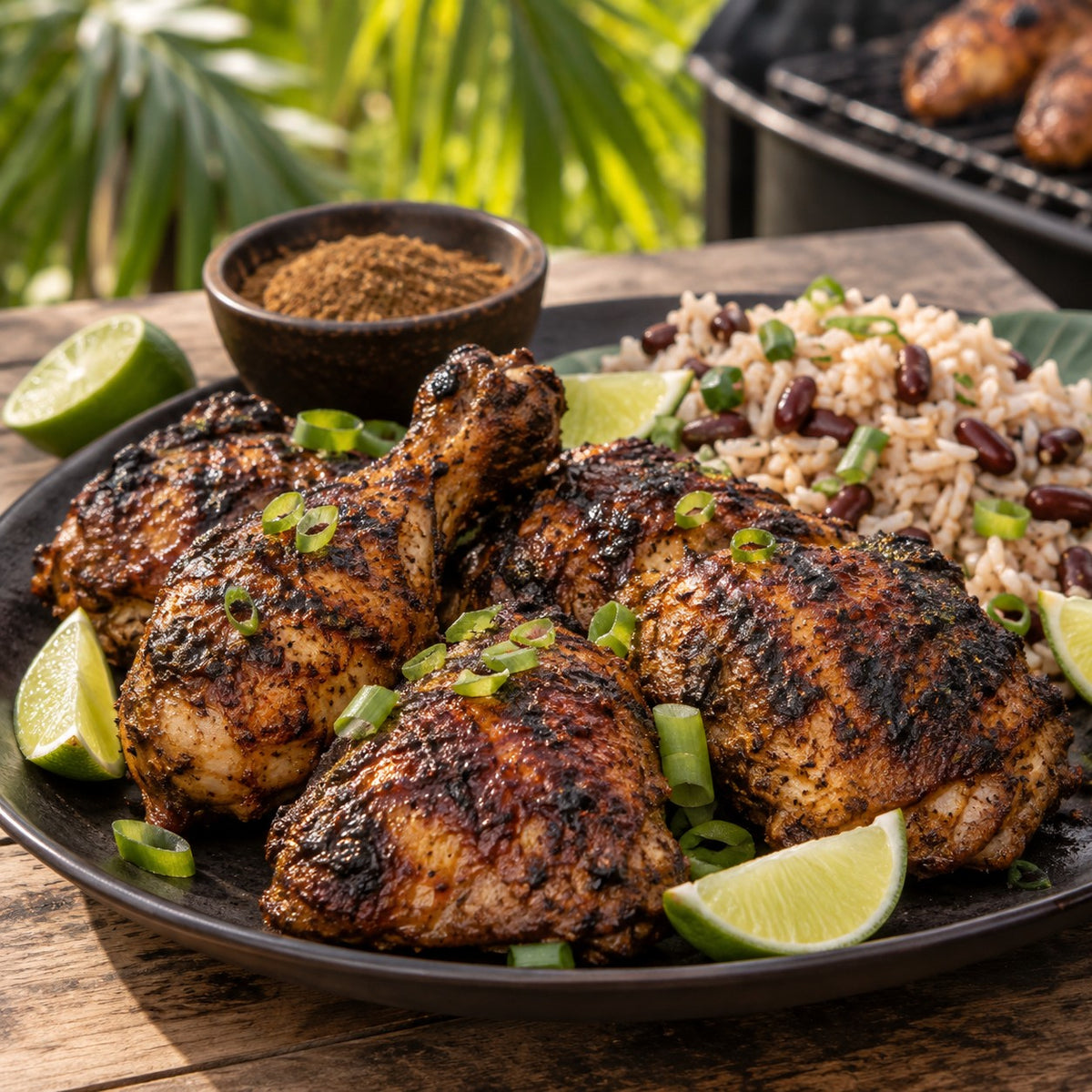 Serving suggestion: grilled jerk-style chicken with rice and peas and lime