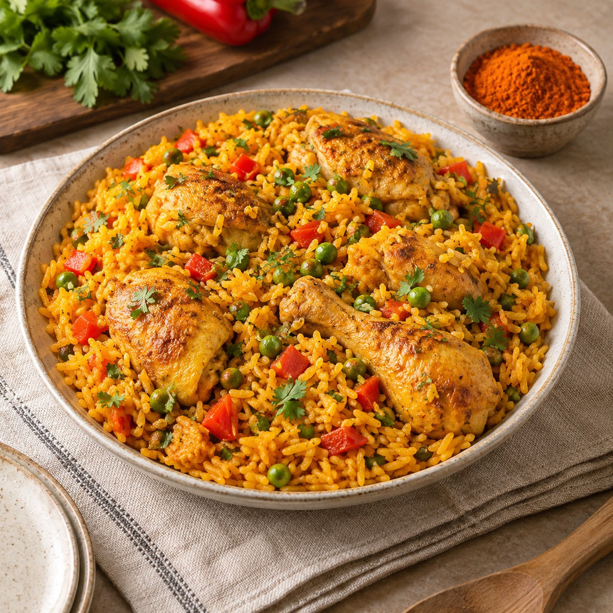 Serving suggestion: golden chicken and rice prepared with sazón-style seasoning